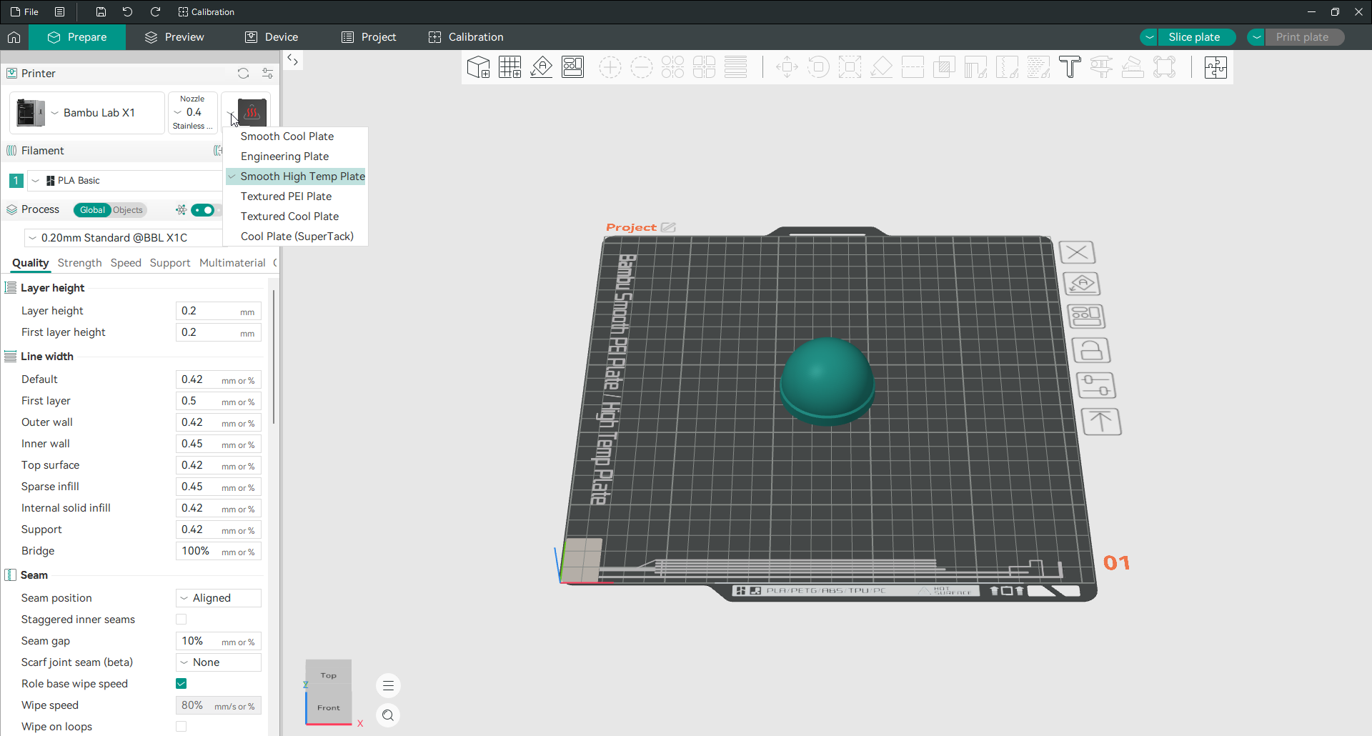 menu do Orca Slicer suspenso da mesa de impressão mostrando os tipos de placas disponíveis