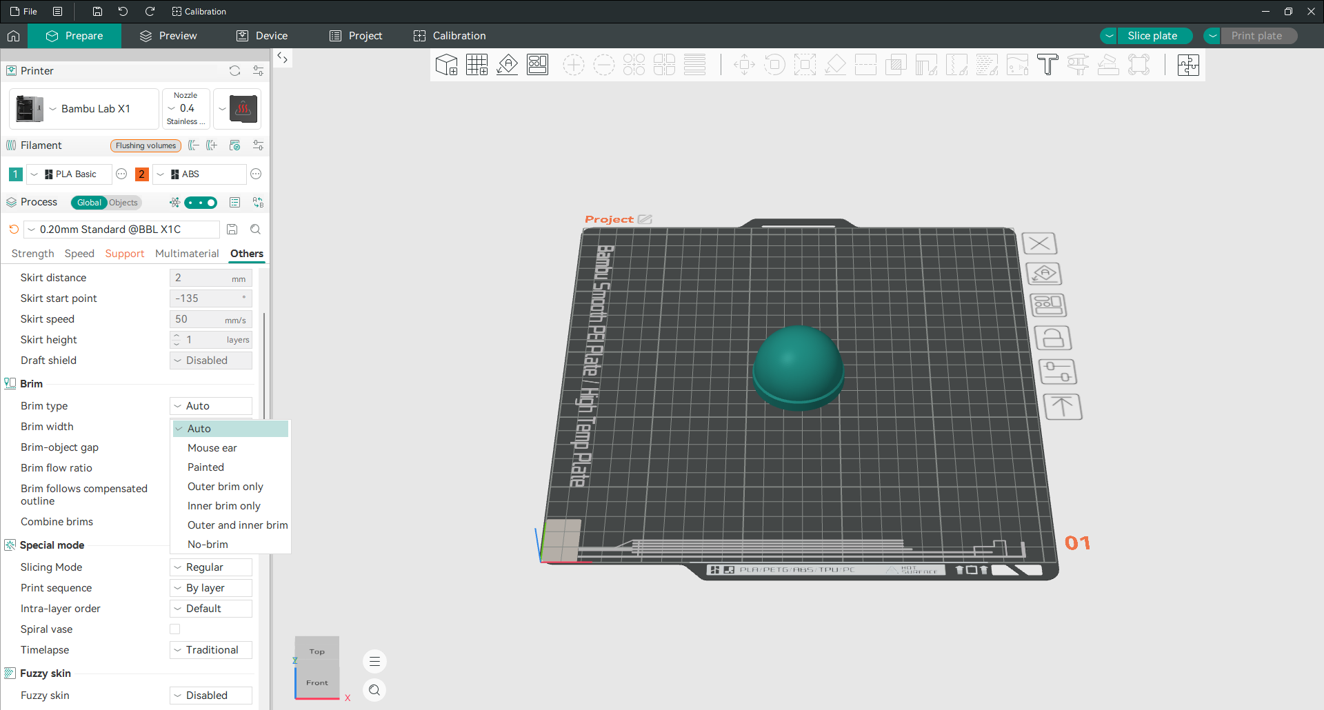 Orca Slicer Guia Outros mostrando configurações de saia e borda