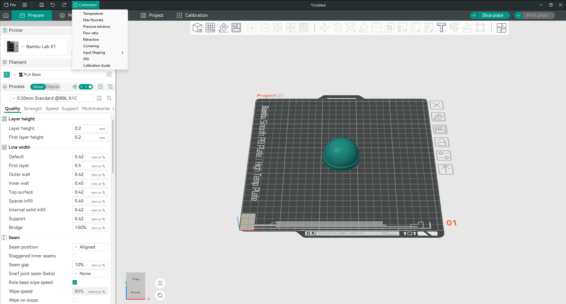 The Calibration menu in Orca Slicer listing the built-in tests
