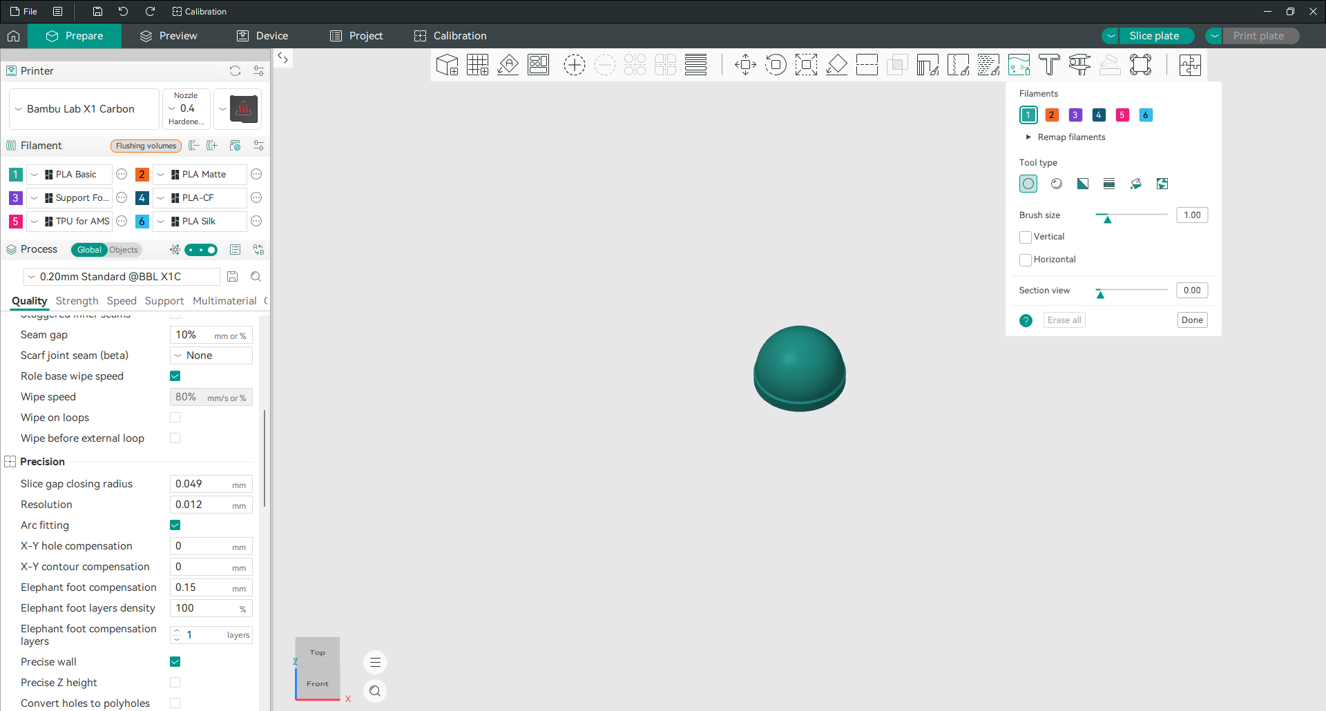 Orca Slicer ferramenta de pintura colorida com seis filamentos carregados e a ferramenta pincel selecionada