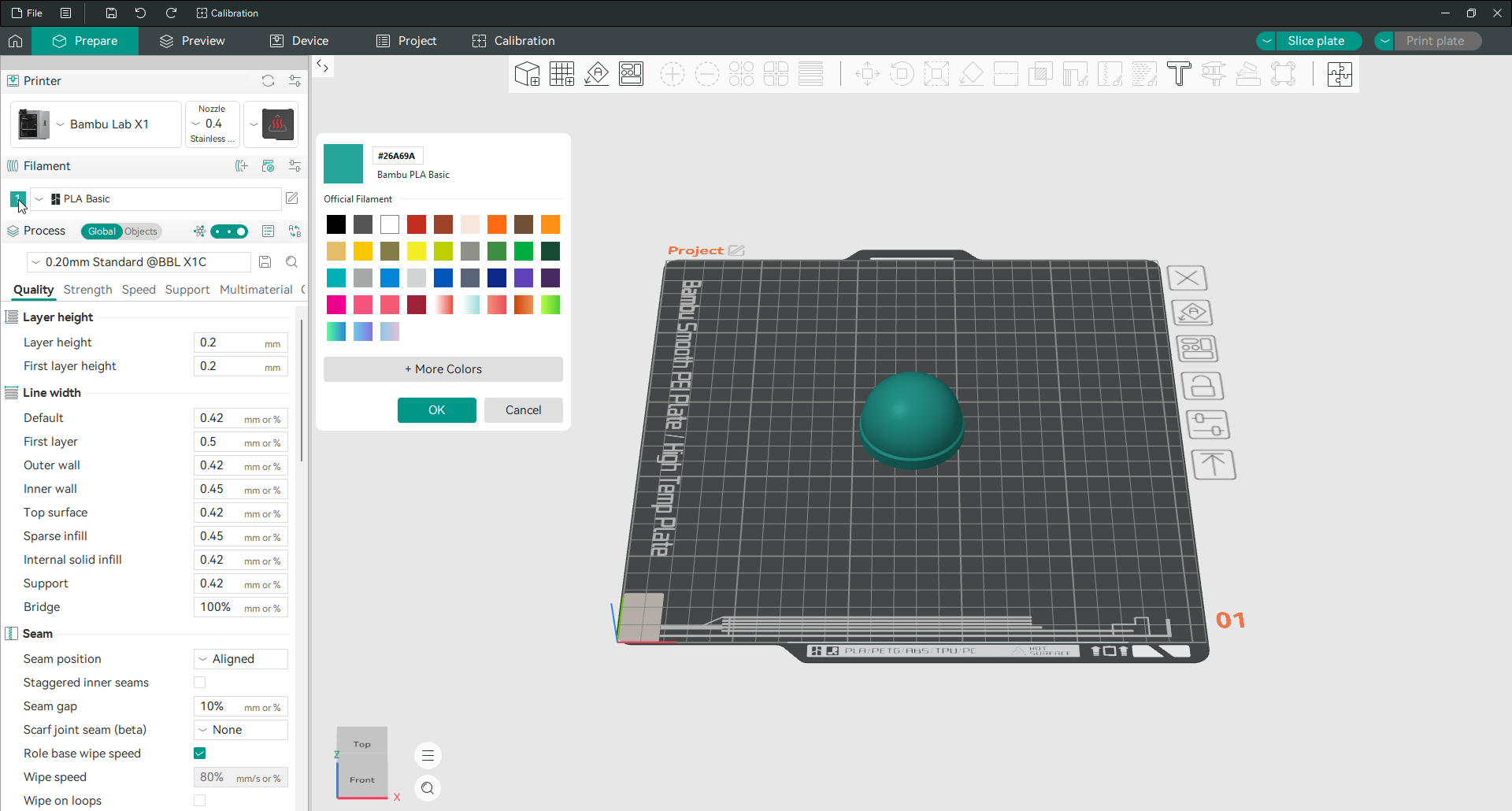 Orca Slicer caixa de diálogo de cores do filamento mostrando a paleta oficial do filamento