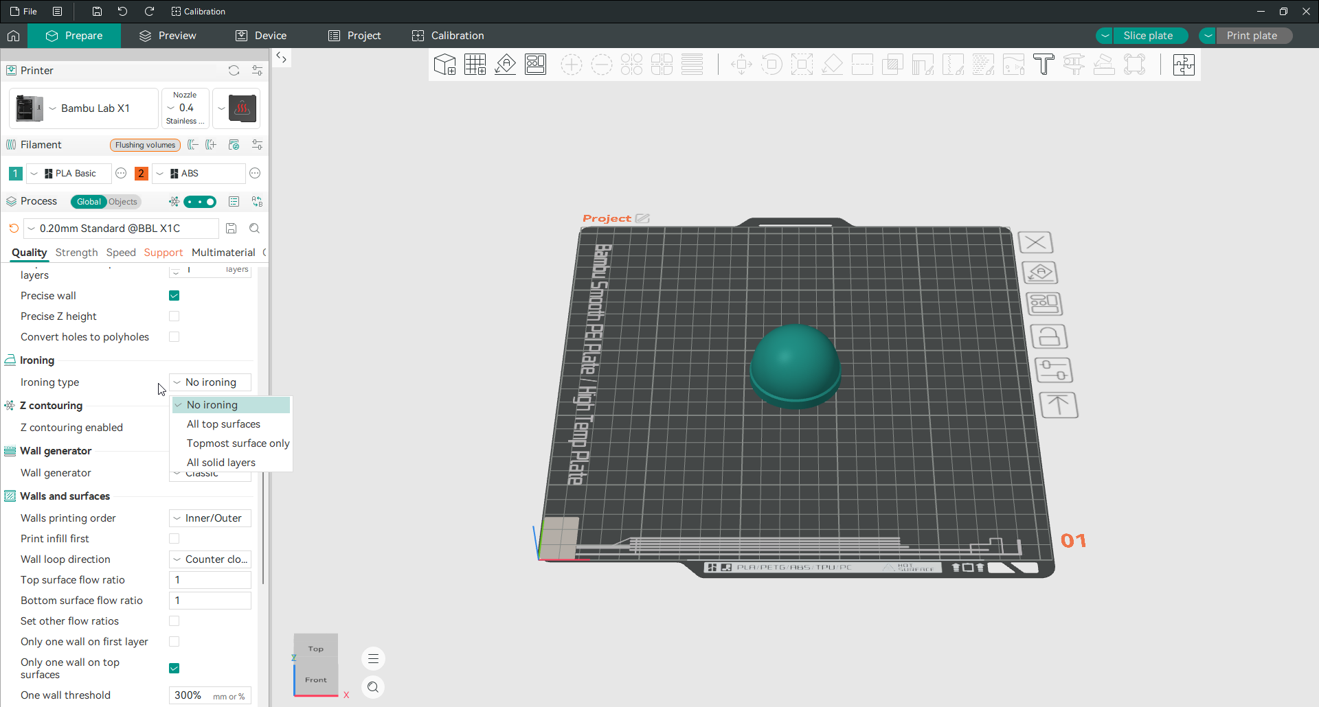 configurações do Orca Slicer de alisamento com o menu suspenso de tipo de alisamento aberto