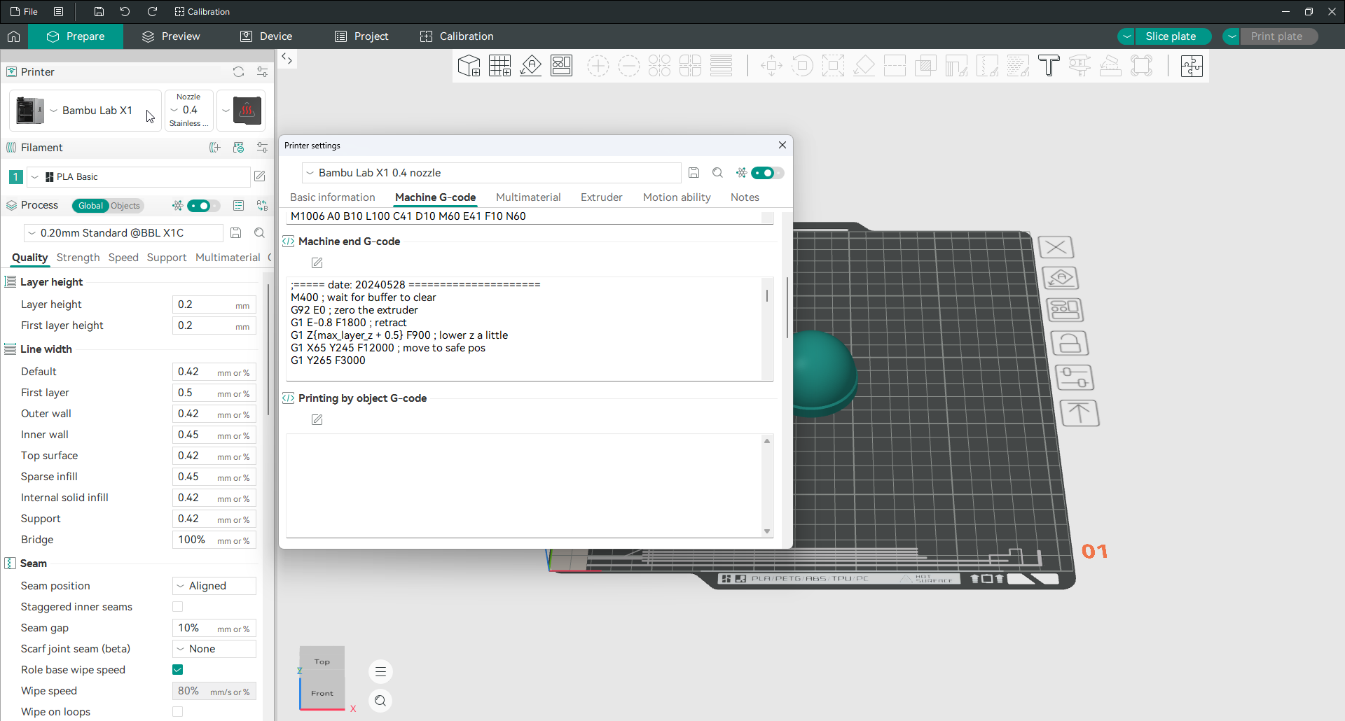 configurações do Orca Slicer da impressora na máquina G-code guia mostrando o final da máquina G-code bloco