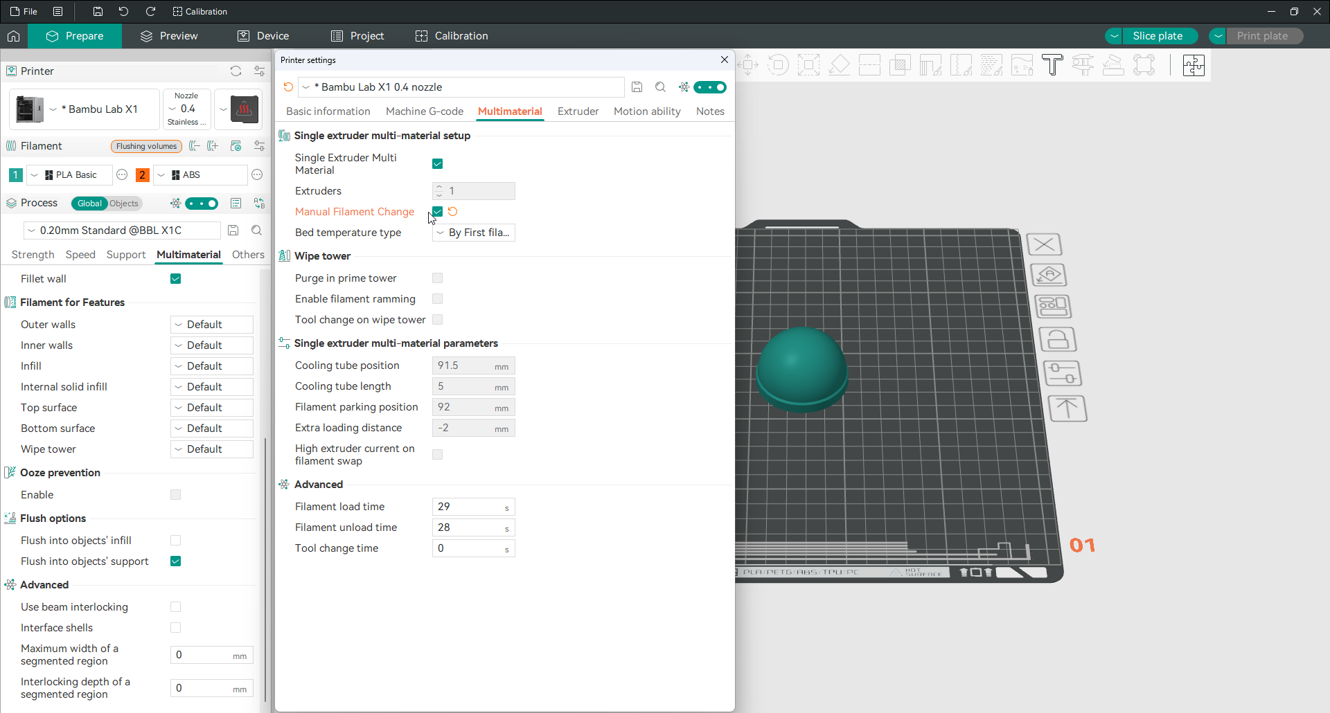 Orca Slicer configuração de troca manual de filamento