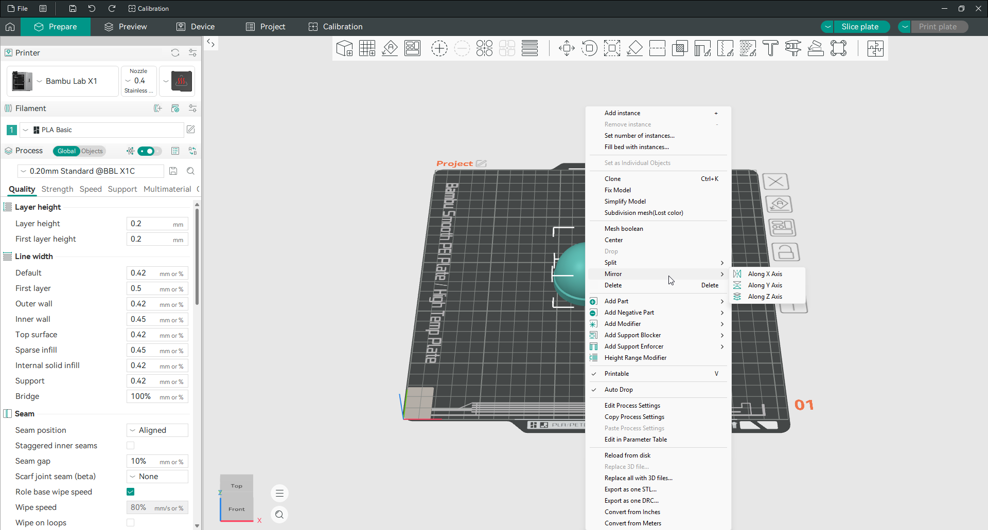 menu do Orca Slicer do botão direito com o submenu Espelhar exibido ao longo dos eixos X, Y e Z