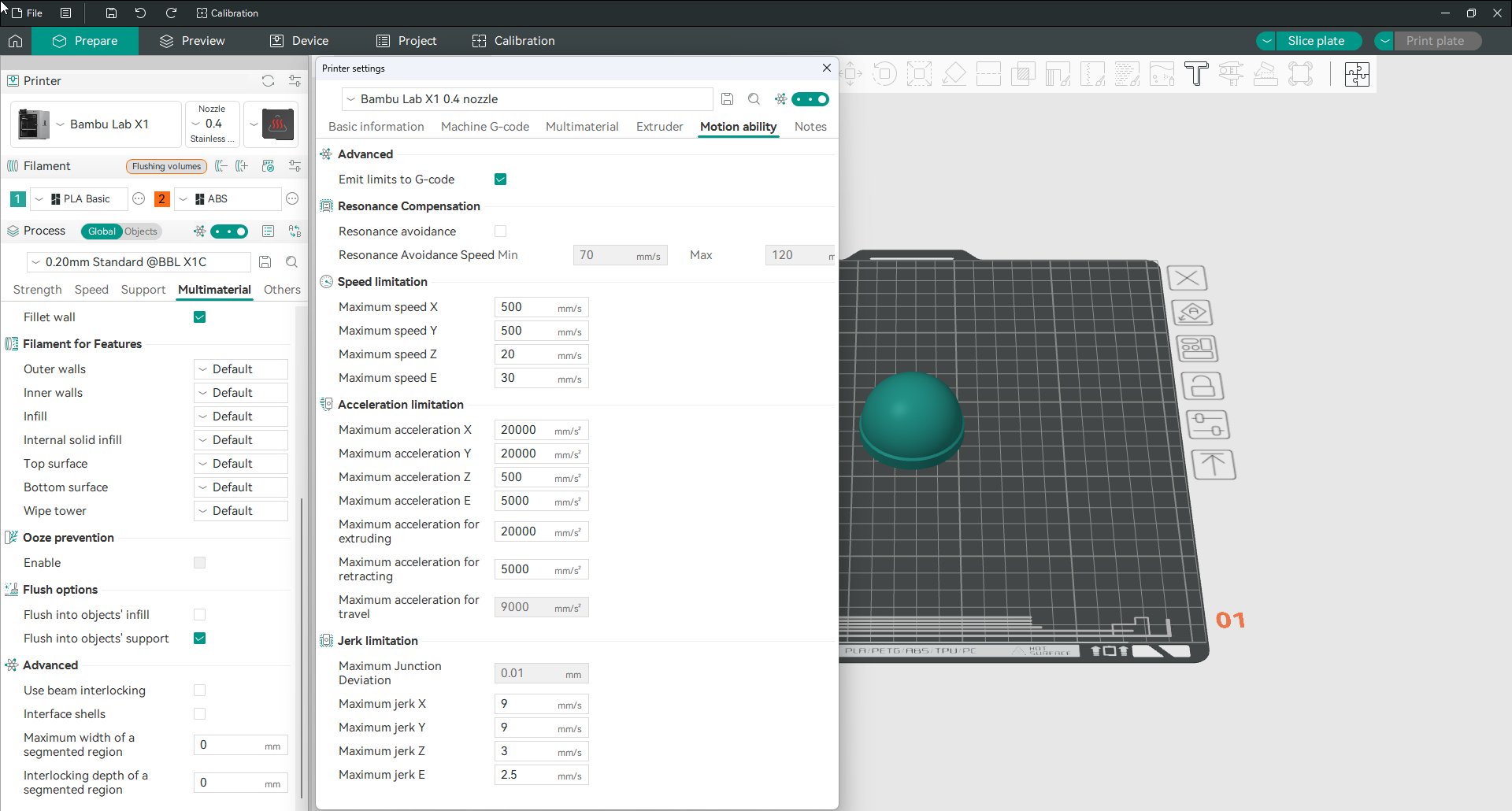 configurações do Orca Slicer de capacidade de movimento