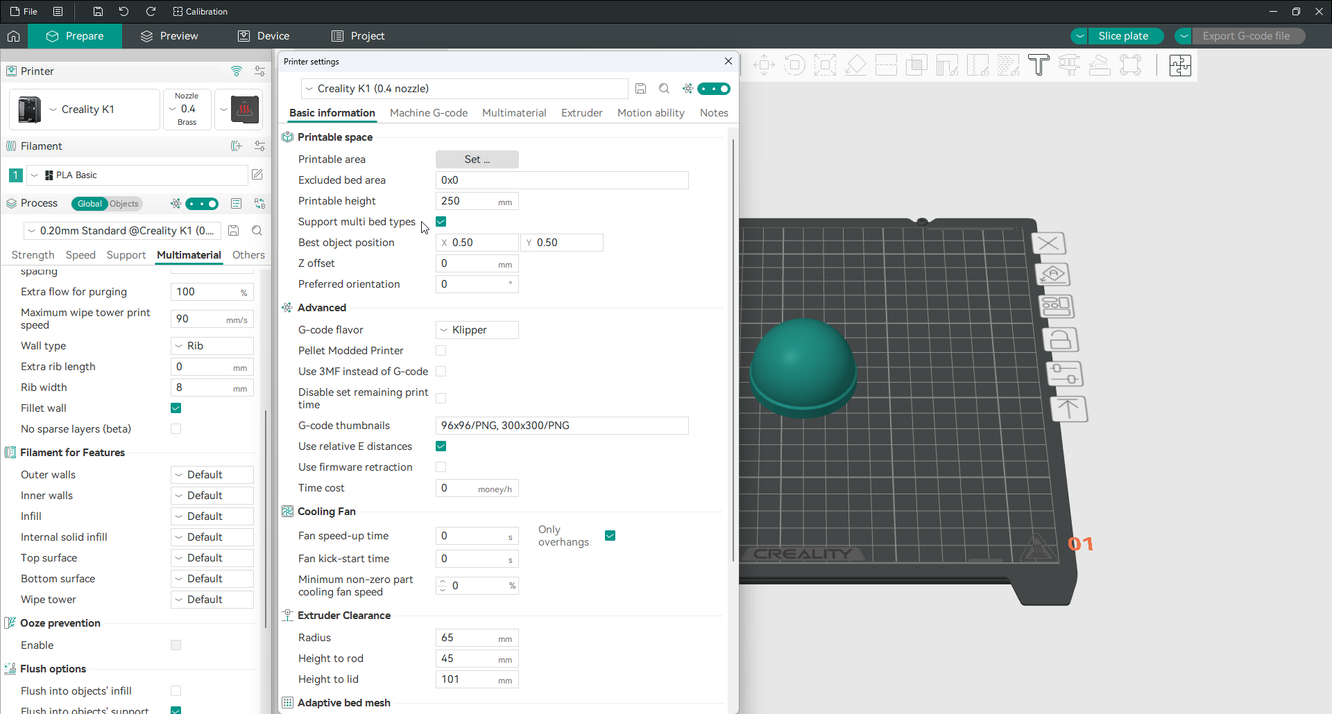 configurações do Orca Slicer da impressora mostrando a opção de vários tipos de mesa
