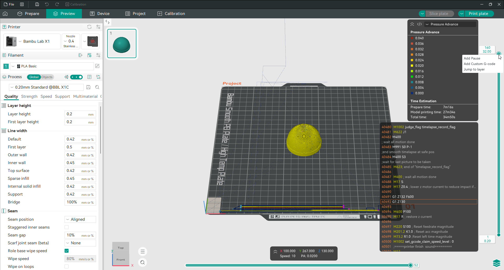 Orca Slicer visualize com o menu do botão direito do controle deslizante da camada aberto mostrando adicionar pausa, adicionar G-code personalizado e pular para a camada