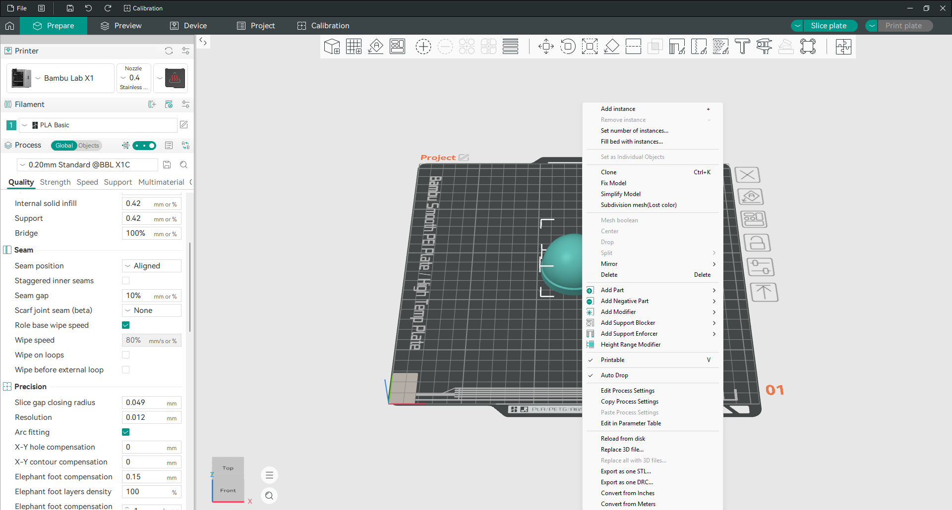 Clicar com o botão direito em um modelo em Orca Slicer abre um menu com configurações de processo por objeto, modificadores e partes negativas