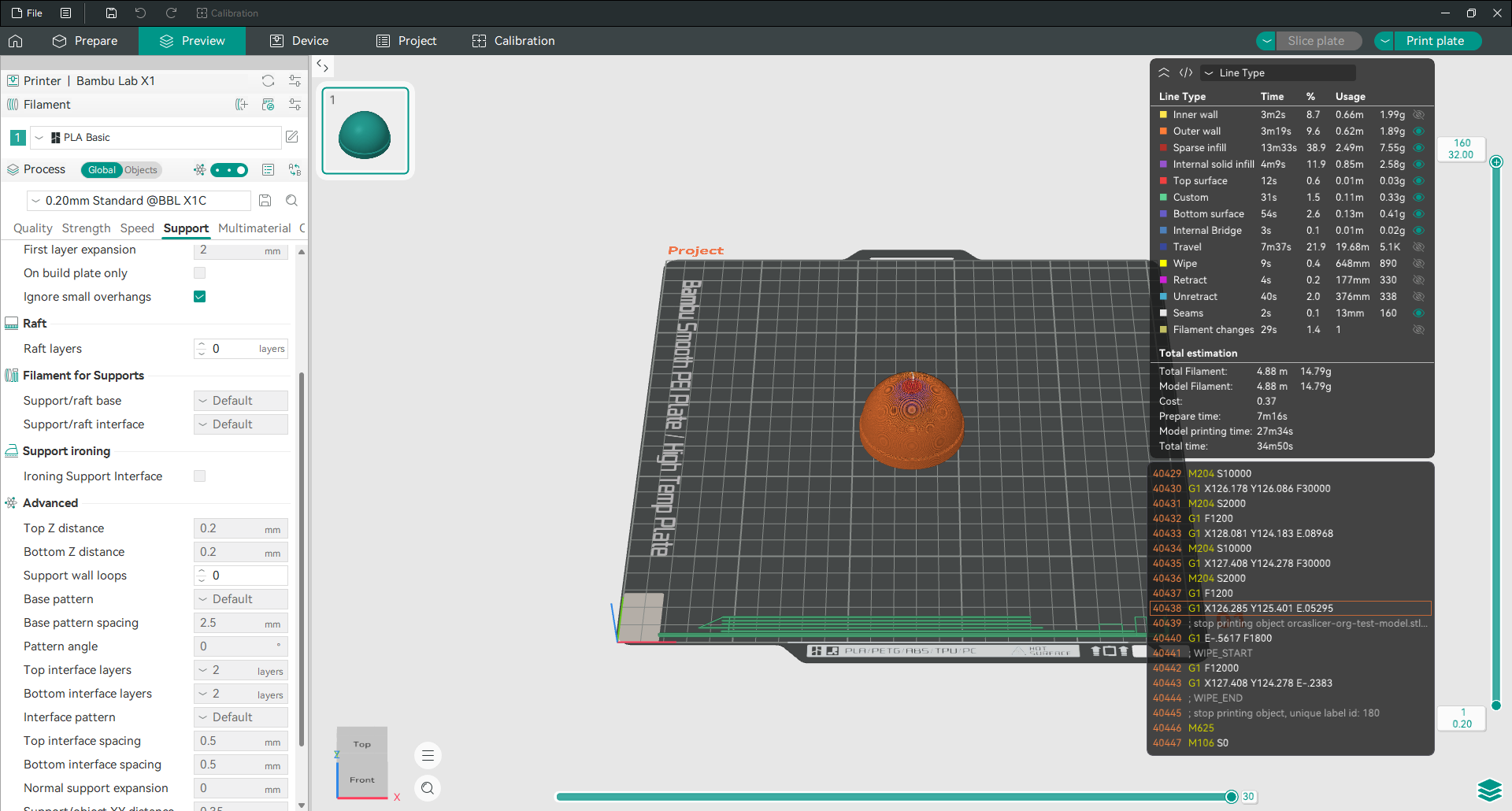 A guia de visualização de Orca Slicer após Slicing, com o controle deslizante de camada à direita mostrando a construção da impressão camada por camada