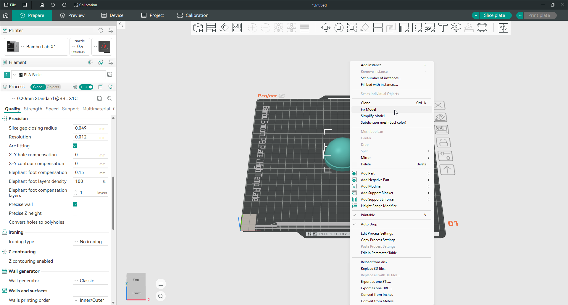 O menu do botão direito em Orca Slicer com Corrigir modelo destacado, ao lado de Simplificar modelo e malha de subdivisão