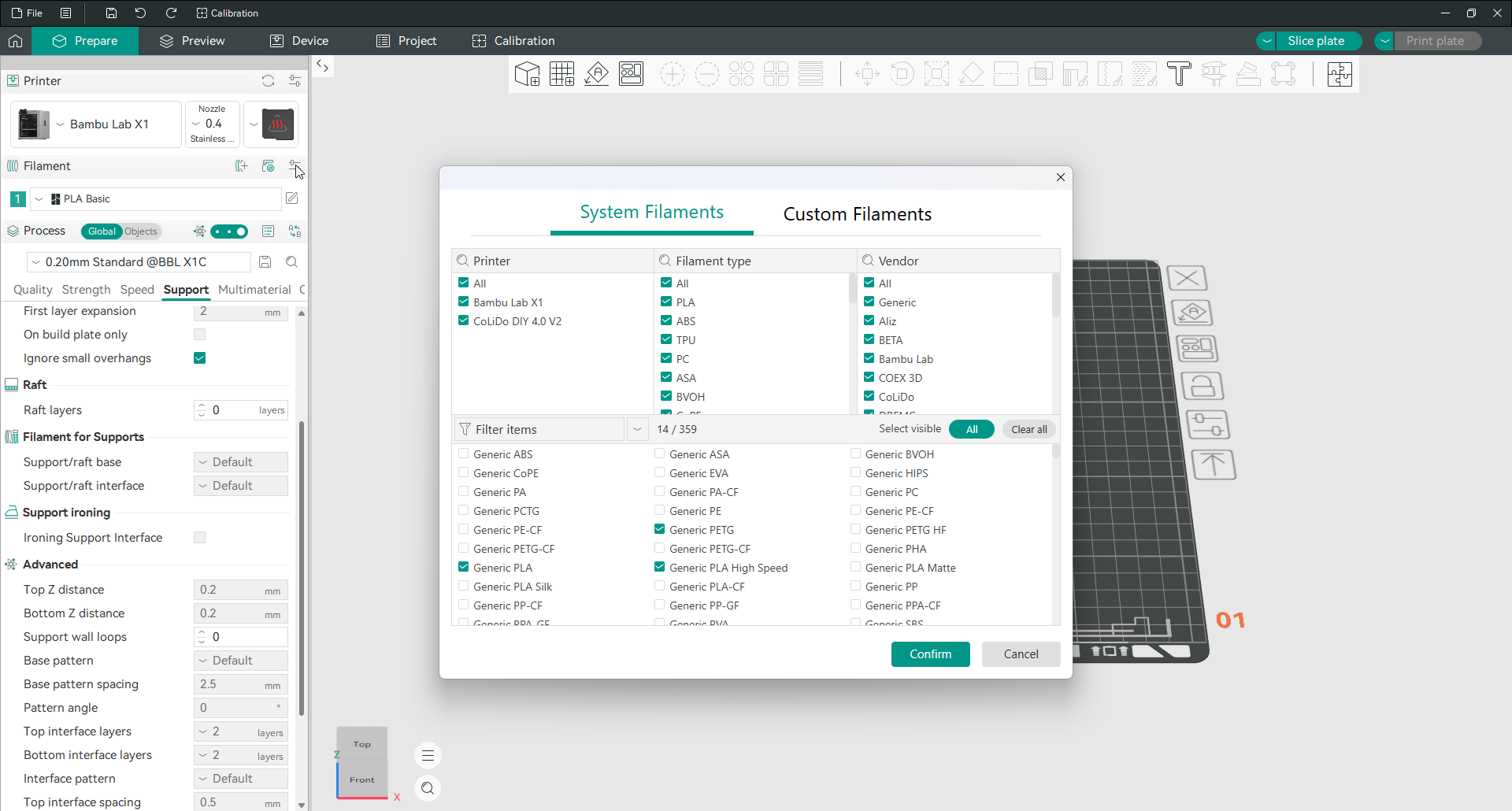 A seleção de filamento no assistente de configuração do Orca Slicer, com os tipos de material e fabricantes disponíveis