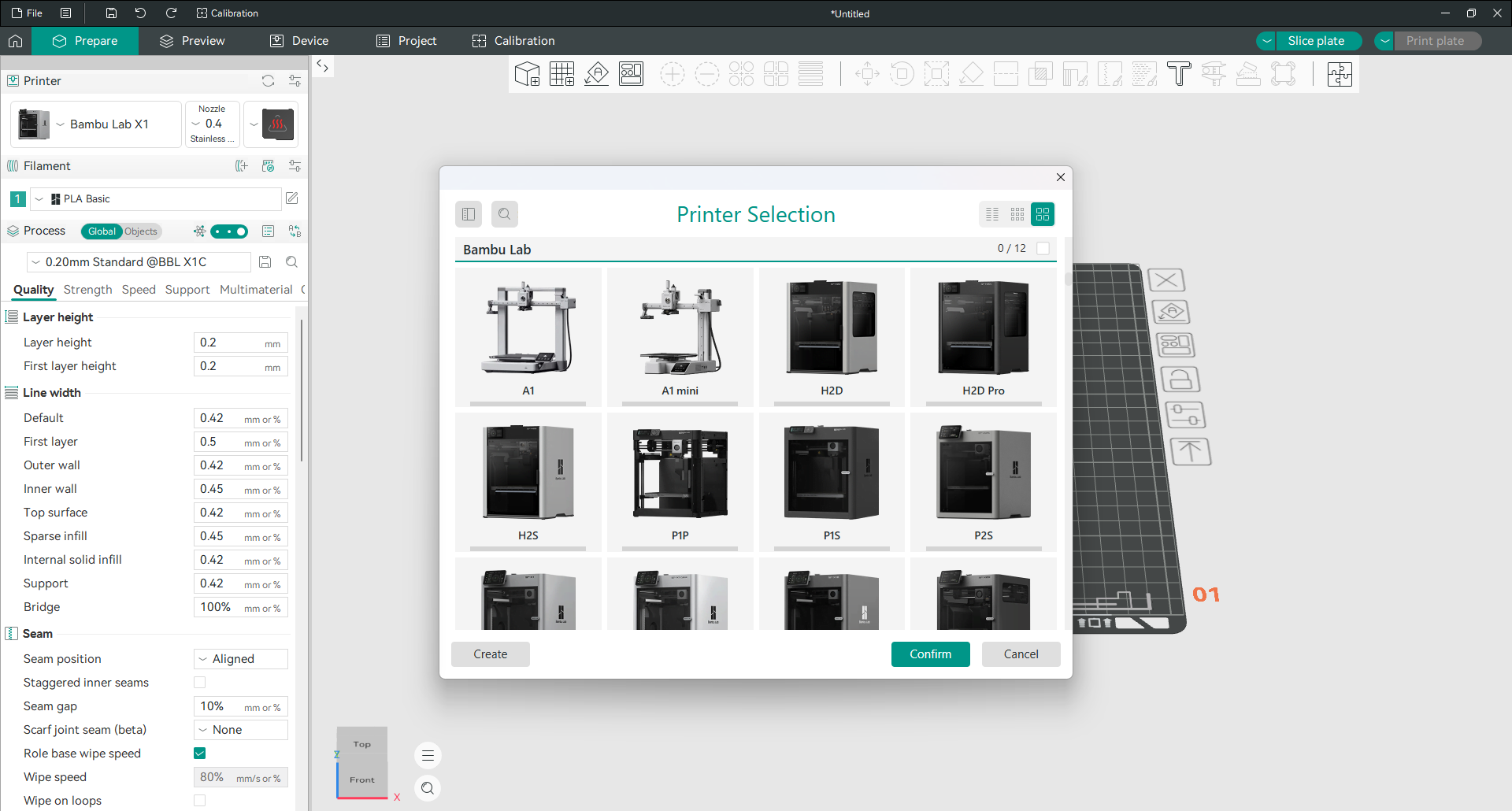 O assistente de configuração Orca Slicer mostrando as marcas da impressora, os modelos de uma marca e os tamanhos de bico disponíveis para cada modelo