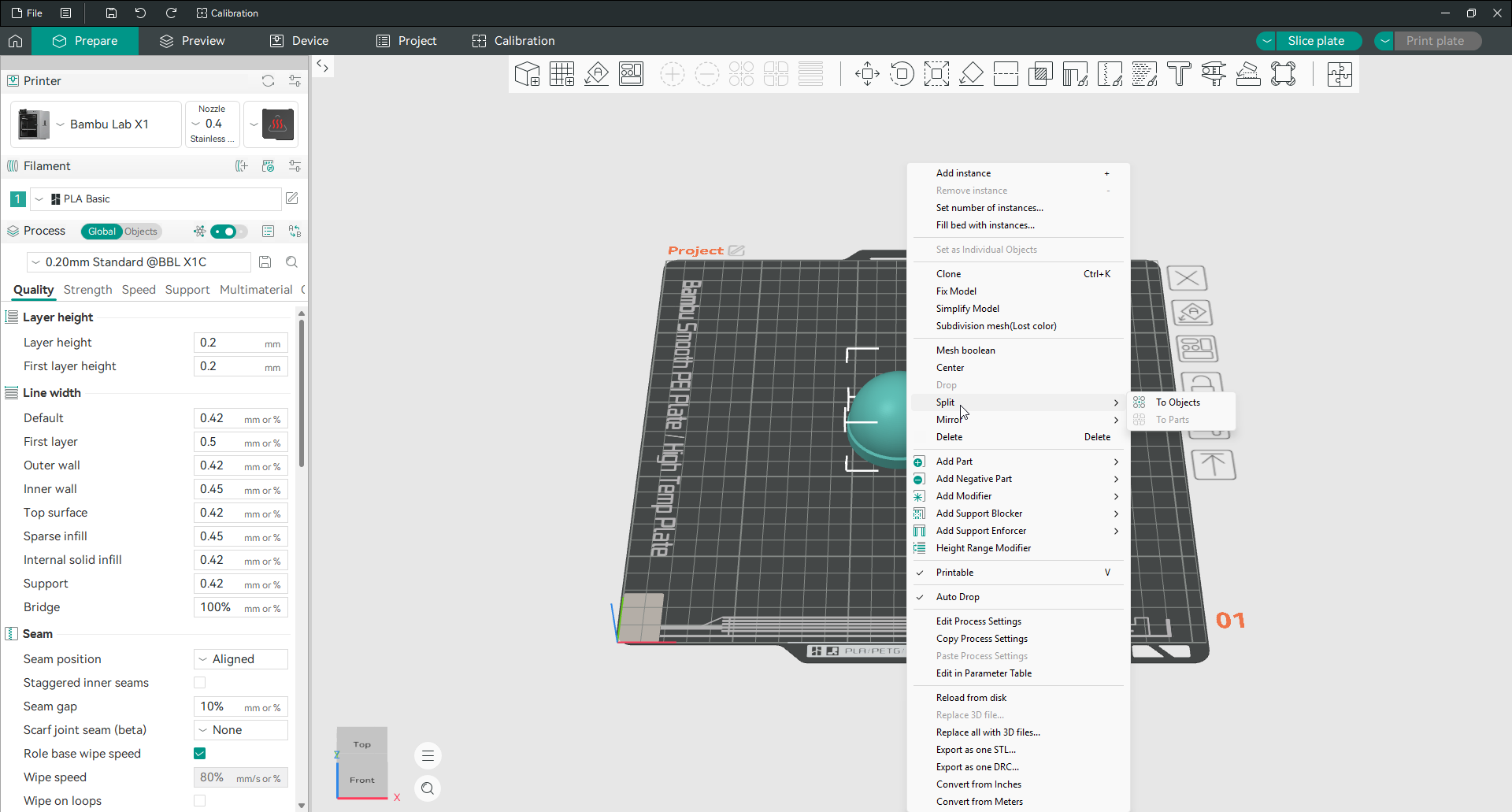 menu do Orca Slicer do botão direito com o submenu Dividir mostrando Para objetos e Para peças