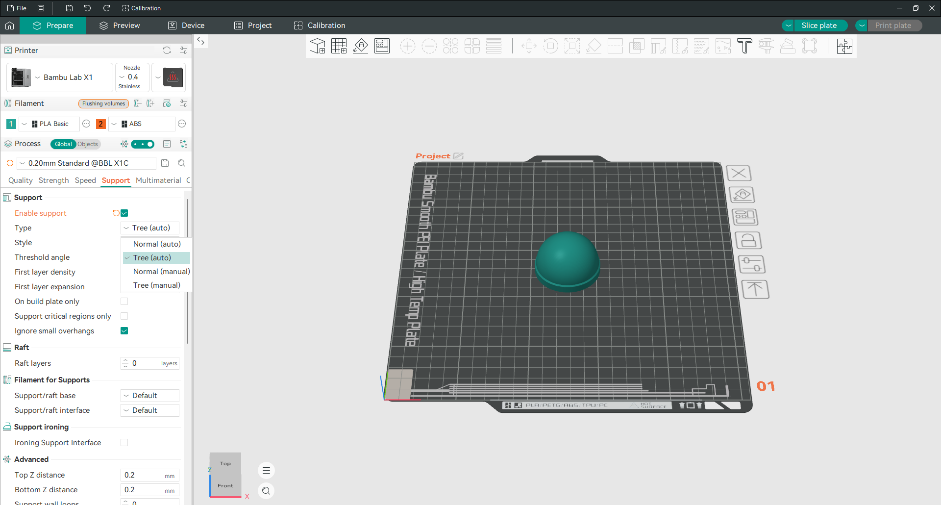 Orca Slicer Guia Suporte com o menu suspenso de tipo aberto