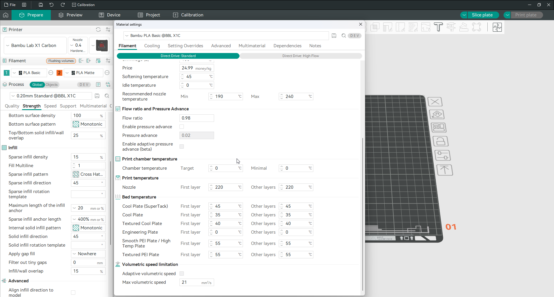 The Print temperature and Bed temperature sections in the Orca Slicer material settings