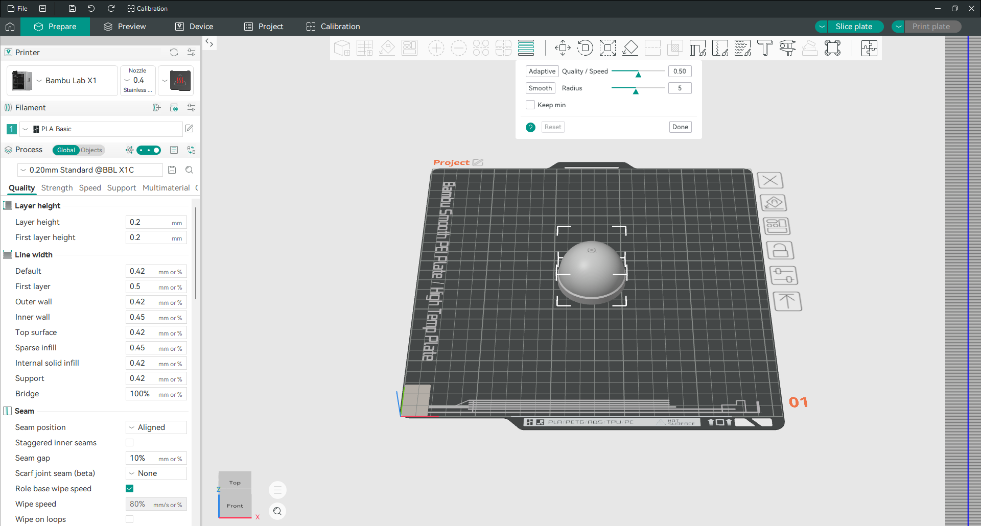Orca Slicer painel de altura de camada variável mostrando o controle deslizante de qualidade adaptável e o raio suave