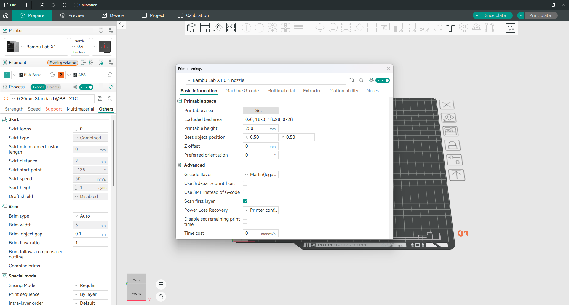 configurações do Orca Slicer da impressora na guia Informações básicas