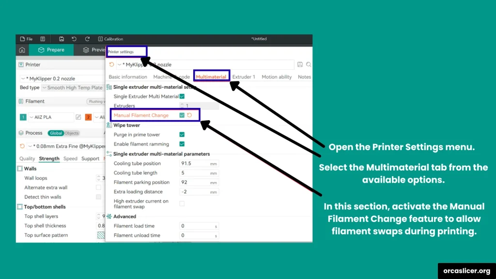 Drukowanie wielomateriałowe z jednym ekstruderem 3 Manual Filament Change